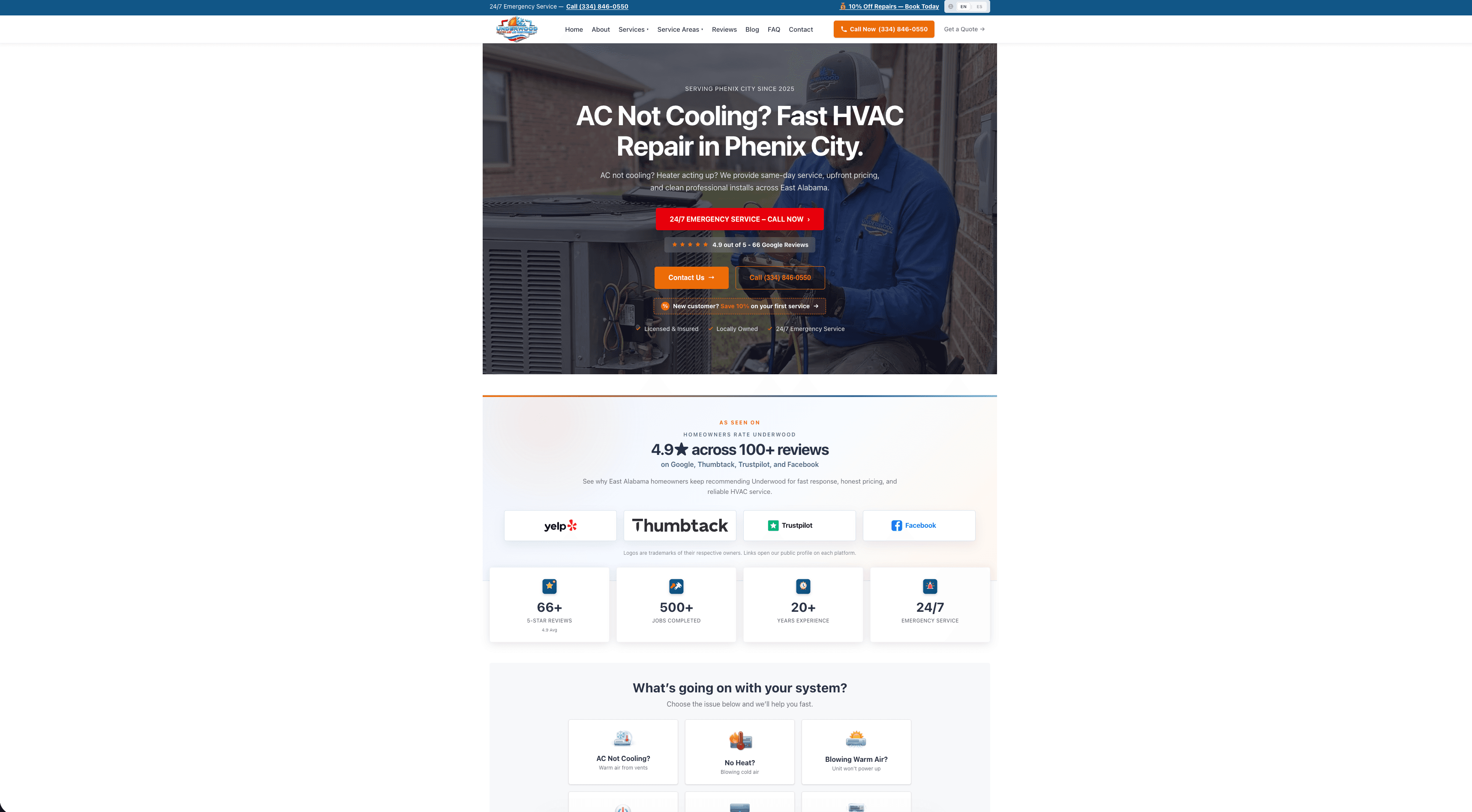 Underwood Heating & Air website homepage screenshot